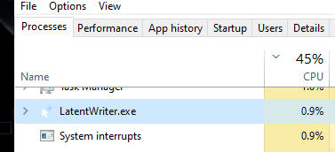 a screenshot Windows's Task Manager showing Latent Writer taking up 0.9% CPU