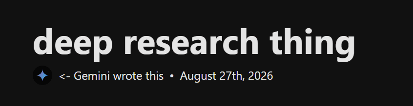 a mockup of this page's header showing Gemini as the author with a post titled "deep research thing"