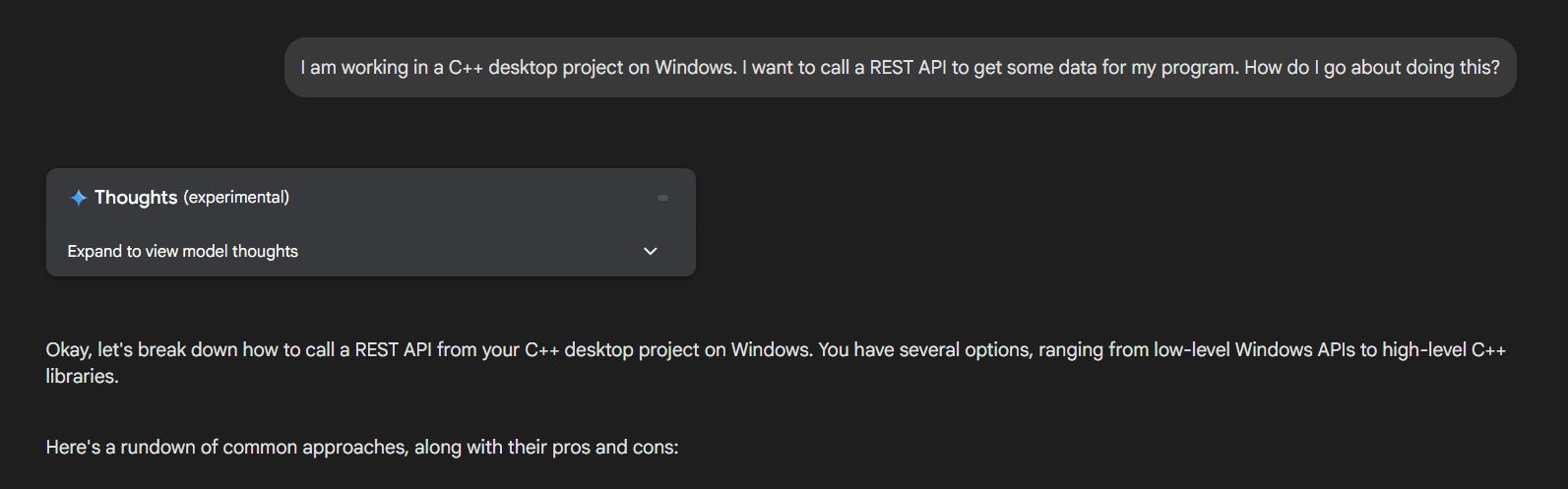 a screenshot of Google AI Studio showing me asking AI for ways to make http calls in C++