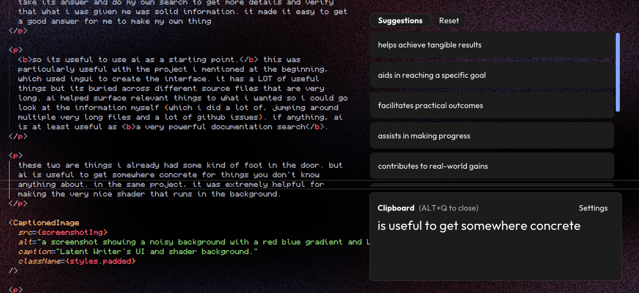 a screenshot of a VS Code with this post's text and Latent Writer on the side with some suggestions