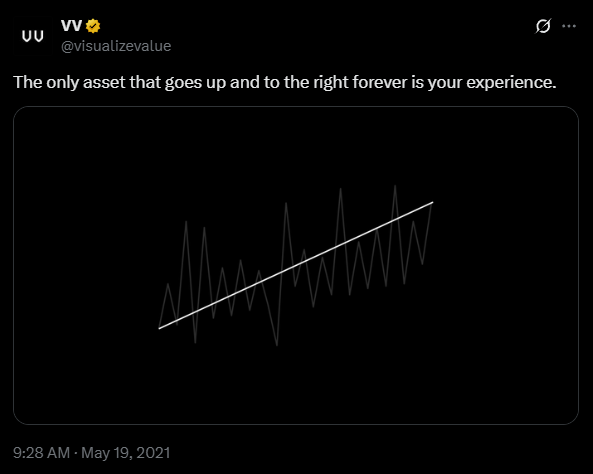a tweet by @VisualizeValue that says: "The only asset that goes up and to the right forever is your experience.", including an accompanying visual of a straight line graph laid over a chaotic looking one